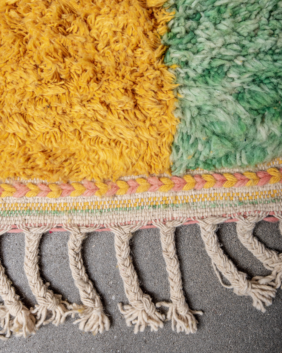 Modern, designer, handcrafted Berber rug from Morocco. Beniourain carpet with beautiful colours and patterns and fluffy wool texture.